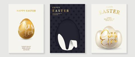 Happy Easter luxury element cover vector set. Elegant golden and white 3D shiny easter egg decorated with typography, bunny ear shape. Adorable glamorous design for decorative, card, kids, poster.