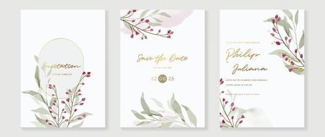 Luxury wedding invitation card background vector. Elegant watercolor botanical wildflowers, leaf branch and gold frame texture template. Design illustration for wedding and vip cover template, banner. vector