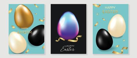 contento Pascua de Resurrección lujo elemento cubrir vector colocar. elegante 3d brillante oro negro y Violeta Pascua de Resurrección huevos con cinta en negro y azul antecedentes. adorable atractivo diseño para decorativo, tarjeta, niños, póster.