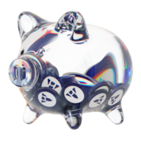 Alchemy Pay ACH Clear Glass piggy bank with decreasing piles of crypto coins png