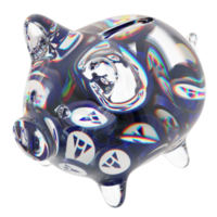 Alchemy Pay ACH Clear Glass piggy bank with decreasing piles of crypto coins png