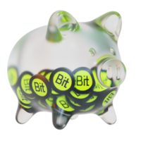 BitDAO BIT Clear Glass piggy bank with decreasing piles of crypto coins png