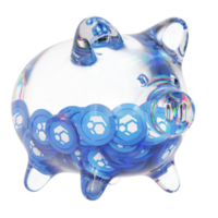 Flux FLUX Clear Glass piggy bank with decreasing piles of crypto coins png