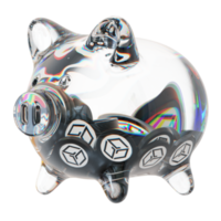 Gala Gala klar Glas Schweinchen Bank mit abnehmend Haufen von Krypto Münzen png