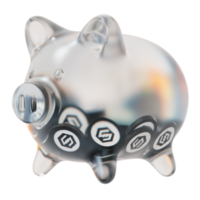 iost iost klar Glas Schweinchen Bank mit abnehmend Haufen von Krypto Münzen png