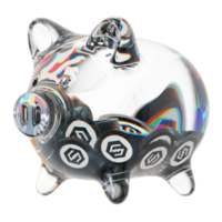 iost iost klar Glas Schweinchen Bank mit abnehmend Haufen von Krypto Münzen png