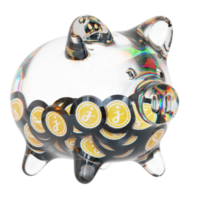 JasmyCoin JASMY Clear Glass piggy bank with decreasing piles of crypto coins png