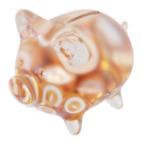 Merit Circle MC Clear Glass piggy bank with decreasing piles of crypto coins png