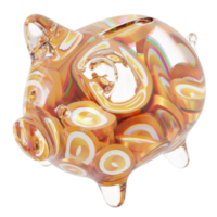 Merit Circle MC Clear Glass piggy bank with decreasing piles of crypto coins png