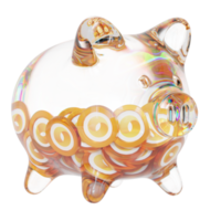 Merit Circle MC Clear Glass piggy bank with decreasing piles of crypto coins png