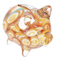 Merit Circle MC Clear Glass piggy bank with decreasing piles of crypto coins png