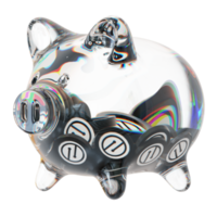 MobileCoin MOB Clear Glass piggy bank with decreasing piles of crypto coins png