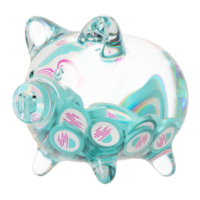 Moonbeam GLMR Clear Glass piggy bank with decreasing piles of crypto coins png