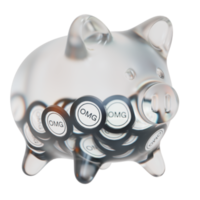 OMG Network OMG Clear Glass piggy bank with decreasing piles of crypto coins png