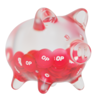 Optimism OP Clear Glass piggy bank with decreasing piles of crypto coins png