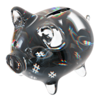 Reserve Rights RSR Clear Glass piggy bank with decreasing piles of crypto coins png