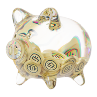 STEPN GMT Clear Glass piggy bank with decreasing piles of crypto coins png