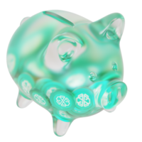 SwissBorg CHSB Clear Glass piggy bank with decreasing piles of crypto coins png