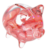 UMA UMA Clear Glass piggy bank with decreasing piles of crypto coins png