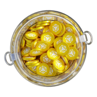 Binance Coin BNB in 3D crypto coin saving bank with stack coins on isolated background. save money financial earning management cost reduction deposit economy glass pot 3d render. illustration png