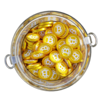 Bitcoin Gold BTG in 3D crypto coin saving bank with stack coins on isolated background. save money financial earning management cost reduction deposit economy glass pot 3d render. illustration png