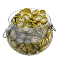 Dogecoin DOGE in 3D crypto coin saving bank with stack coins on isolated background. save money financial earning management cost reduction deposit economy glass pot 3d render. illustration png