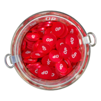 Optimism OP in 3D crypto coin saving bank with stack coins on isolated background. save money financial earning management cost reduction deposit economy glass pot 3d render. illustration png