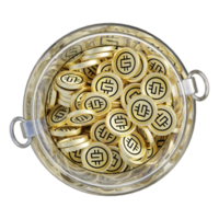 STEPN GMT in 3D crypto coin saving bank with stack coins on isolated background. save money financial earning management cost reduction deposit economy glass pot 3d render. illustration png