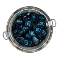 Theta Network THETA in 3D crypto coin saving bank with stack coins on isolated background. save money financial earning management cost reduction deposit economy glass pot 3d render. illustration png