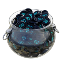 Theta Network THETA in 3D crypto coin saving bank with stack coins on isolated background. save money financial earning management cost reduction deposit economy glass pot 3d render. illustration png