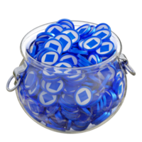 Waves in 3D crypto coin saving bank with stack coins on isolated background. save money financial earning management cost reduction deposit economy glass pot 3d render. illustration png