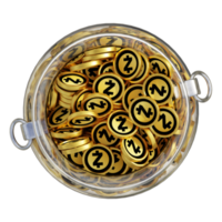 Zcash ZEC in 3D crypto coin saving bank with stack coins on isolated background. save money financial earning management cost reduction deposit economy glass pot 3d render. illustration png