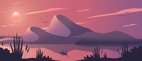 Vector illustration of mountains and lake landscape background - natural background of swans, forest, sea and mountains. Use as background or wallpaper.