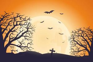 Halloween background, spooky tree, bat and cementery with moonlight on orange background vector