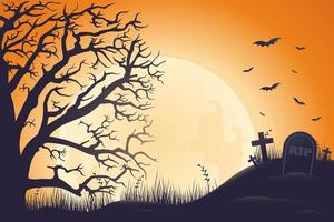 Víspera de Todos los Santos fondo, escalofriante árbol y obsesionado cementerio con luz de la luna en naranja antecedentes vector