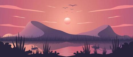 Vector illustration of sunset mountains and lake landscape background - natural background of swans, forest, sea and mountains. Use as background or wallpaper
