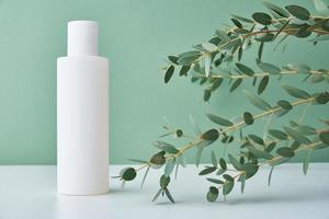 Natural cosmetic cream bottle on green background with plant photo