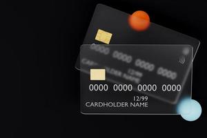 3d hacer de transparente vaso crédito tarjetas en oscuro antecedentes foto