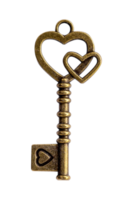 Close up old vintage key isolated on transparent background. Png realistic design element.