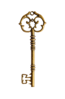 Close up old vintage key isolated on transparent background. Png realistic design element.