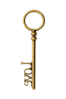 Close up old vintage key isolated on transparent background. Png realistic design element.