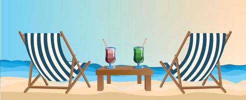 Wide banner. Sea coast, two deck chairs cocktails on the beach, sun sea and sand. Summer vacation in hot countries, beach holidays. Banner for advertising tours, travel, vacation vector