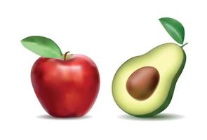 Avocado in the cut with a stone and leaf and red apple. On transparent background. Fruit, a symbol of proper and healthy nutrition. Realistic vector graphics in eps10 format, no raster effects