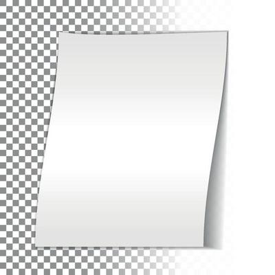 White sheet of A4 paper with a shadow on a transparent background. Rolled sheet of paper. Layout, template, Mockup for your design and advertising