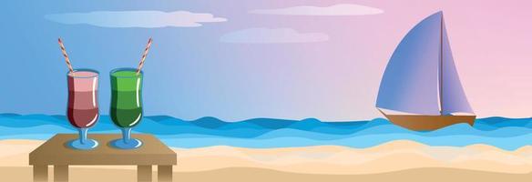 Wide banner. Summer evening sea background, sunset pink light, yacht in the sea and two beach cocktails on the sand. Postcard, holiday season advertisement, beach holiday