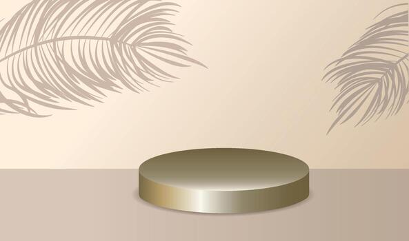 Studio with a shadow of palm leaves on the wall, a room with a minimum number of stands. Vector 3D scene composition for product presentation. Podium for goods in gold colors. Cyclorama
