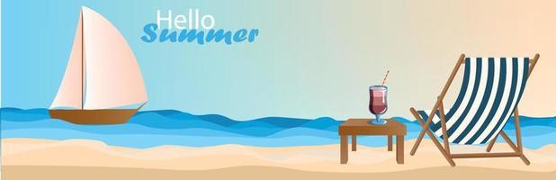 Wide banner. Sea coast, deck chair cocktail on the beach, sun sea and sand. Summer vacation in hot countries, beach holidays. Banner for advertising tours, travel, vacation