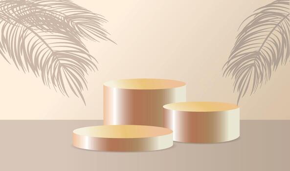 Studio with a shadow of palm leaves on the wall, a room with a minimum number of stands. Vector 3D scene composition for product presentation. Podium for goods in pink and beige colors. Cyclorama