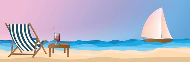 Wide banner. Summer evening sea background, sunset pink light, yacht in the sea and beach cocktail on the sand. Postcard, holiday season advertisement, beach holiday