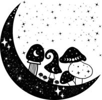 Black and white boho moon with magic mushrooms. Mystical vector illustration isolated on white background. Witch art with crescent moon. Clipart for astrology logo, tarot, print, tattoo concept.